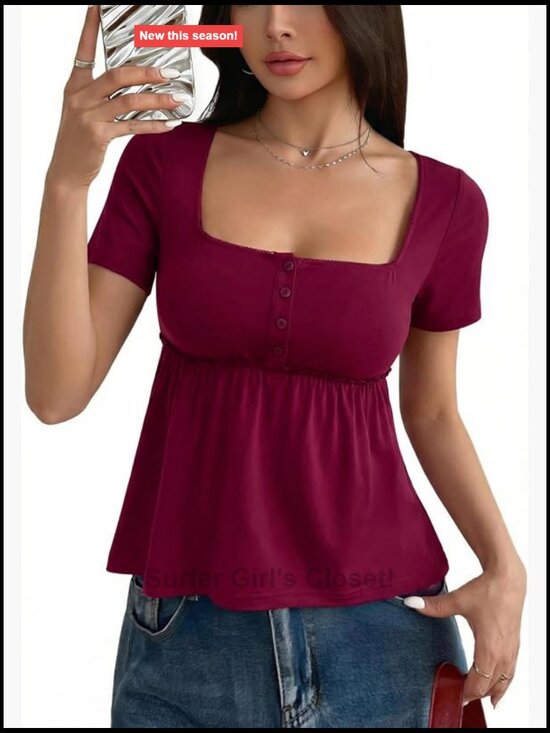 Square Neck Button Front Babydoll Peplum Blouse To — photo 1 of 1